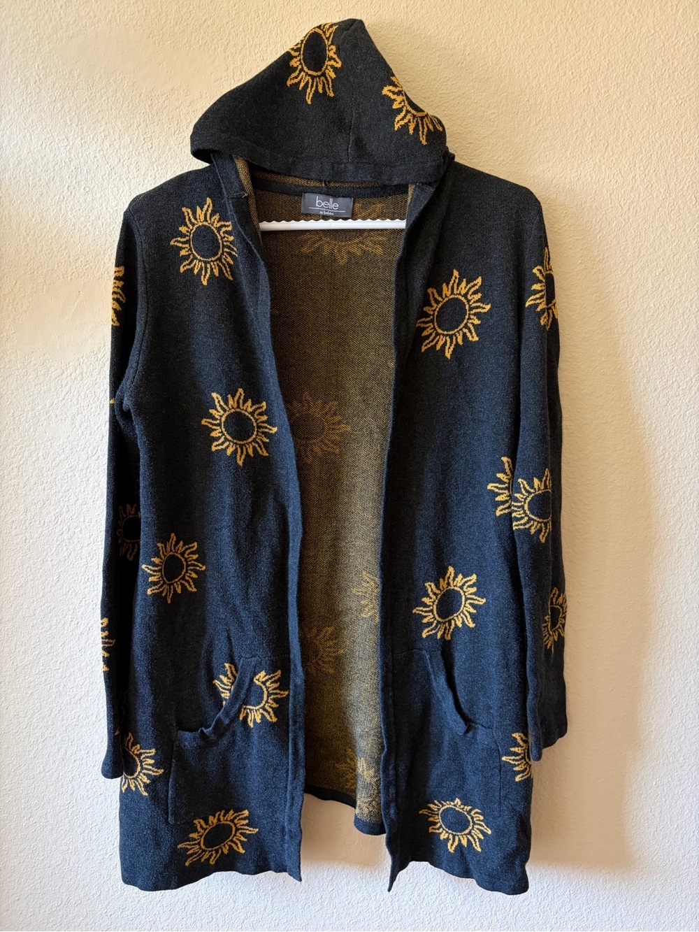 Belle by Bellini Hooded Sun Open Cardigan Black Knit Boho Cozy Sweater pockets - Picture 3 of 10